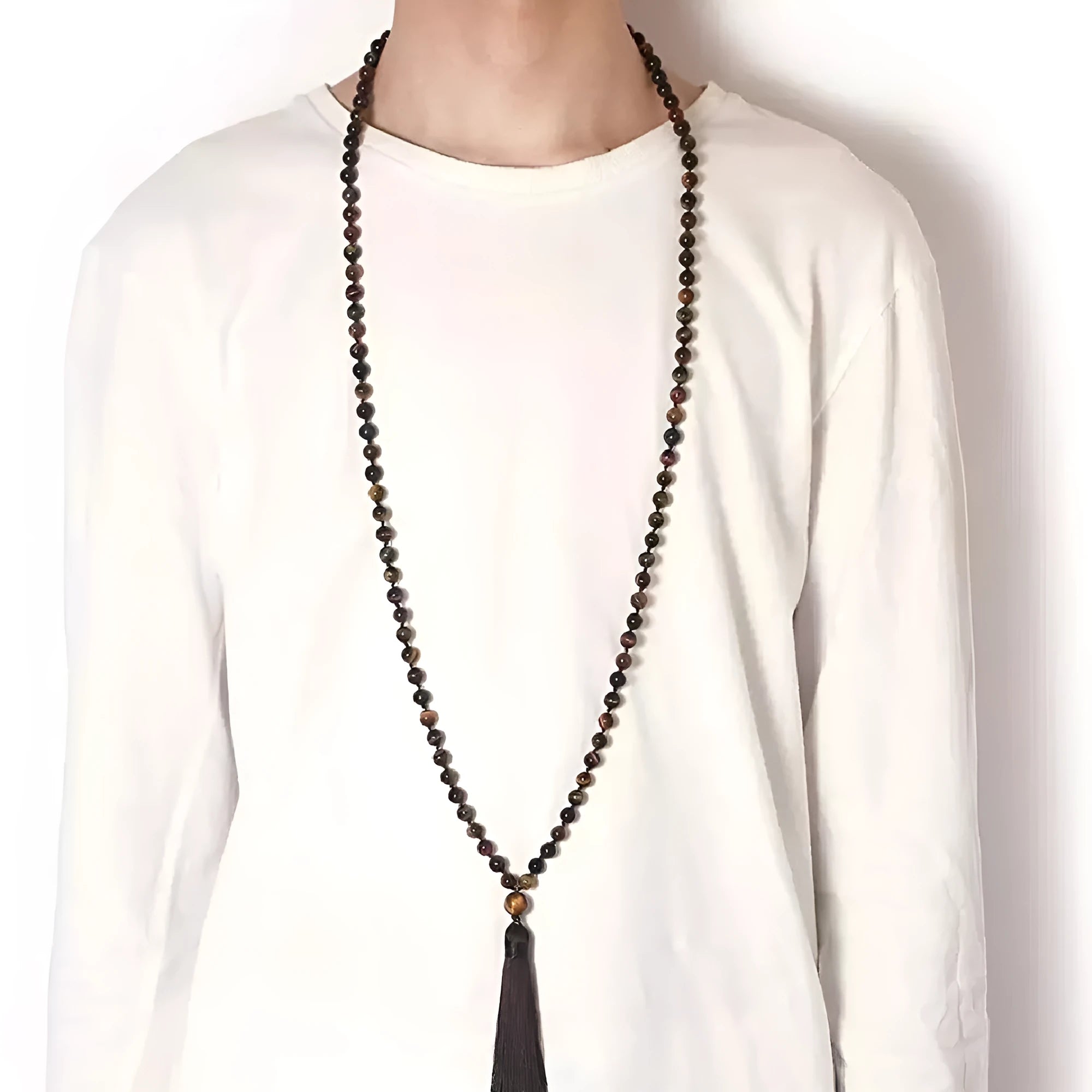 Long colourful agate and stone bead necklace with a geometric tassel, measuring 95-100cm