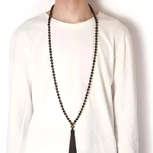 Long colourful agate and stone bead necklace with a geometric tassel, measuring 95-100cm