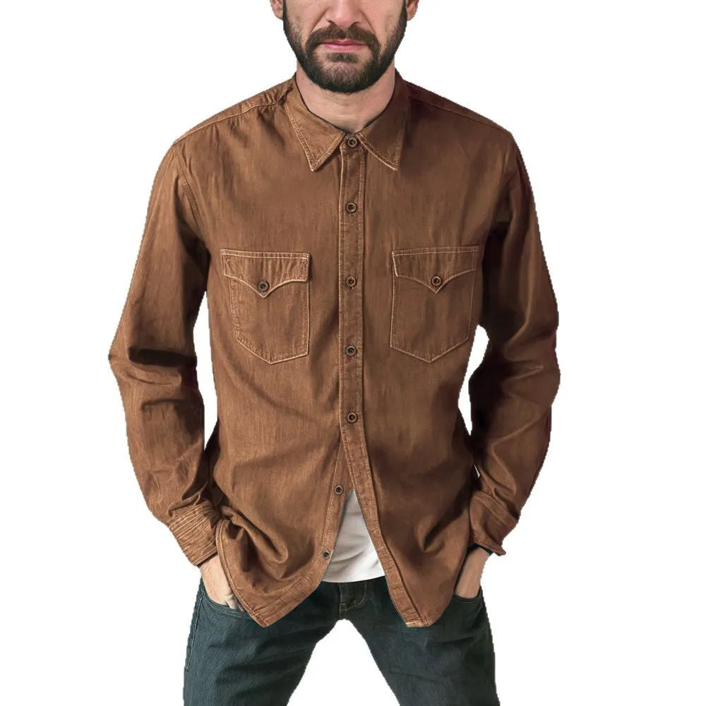A cotton denim cardigan coat on a hanger, shown in a regular fit.
