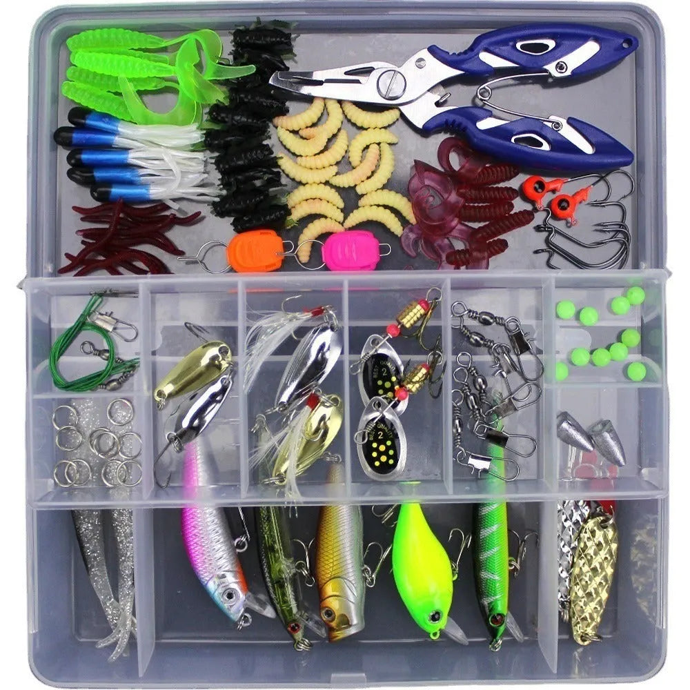 Junior fishing lure suit set in PP plastic storage box with multiple artificial baits