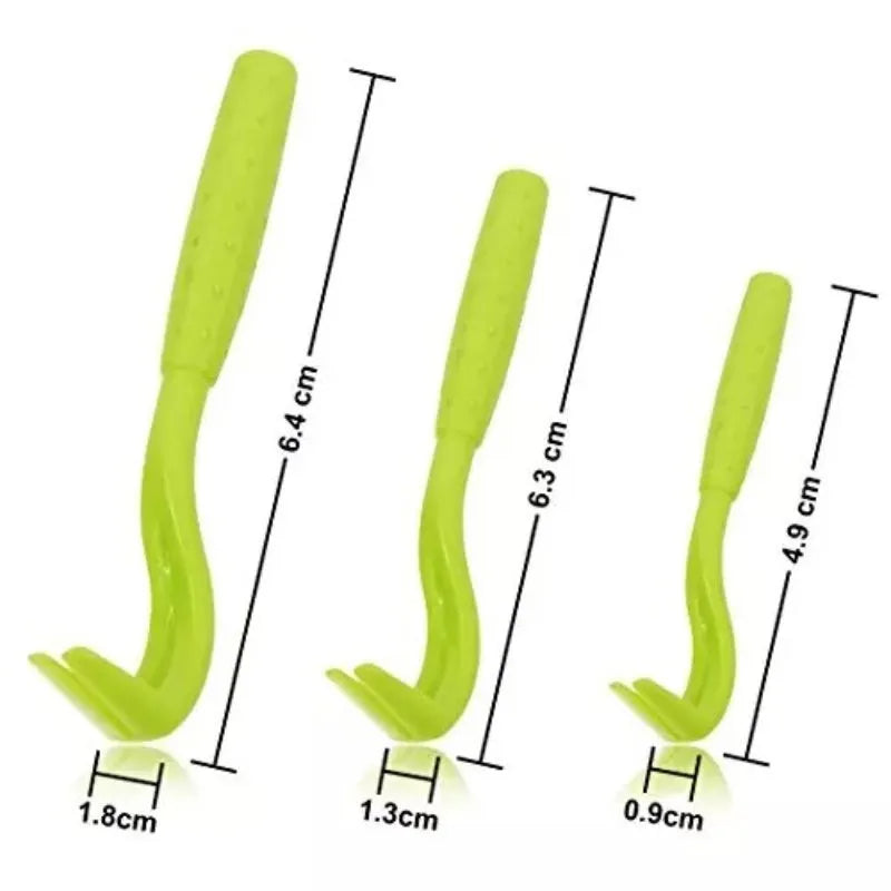 Three plastic pet tick removal hooks in blue or green colours
