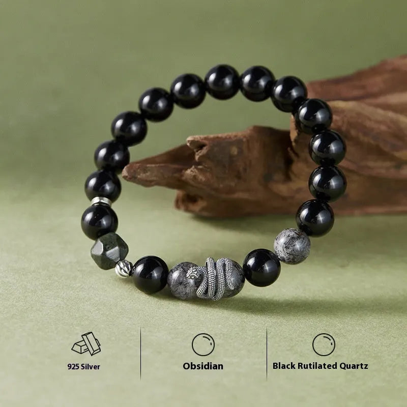 Men's S925 sterling silver snake year bracelet with 10mm black obsidian crystal and retro zodiac design