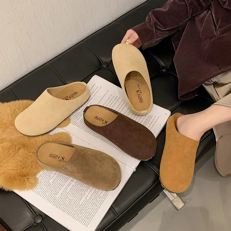 Korean-style women's outdoor slip-on slippers with square toe in apricot colour