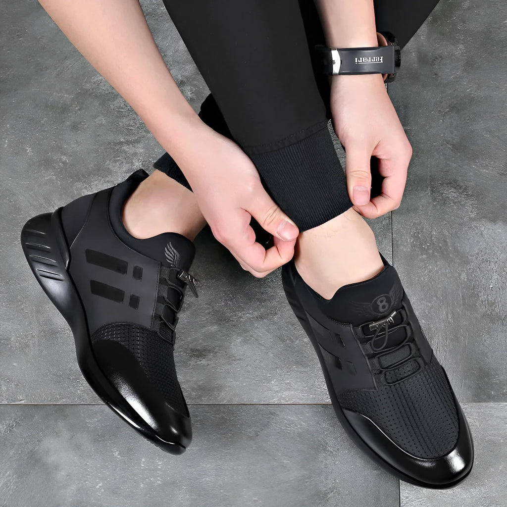 Men's black casual height increasing shoes with a chunky heel, round toe, and genuine leather upper.