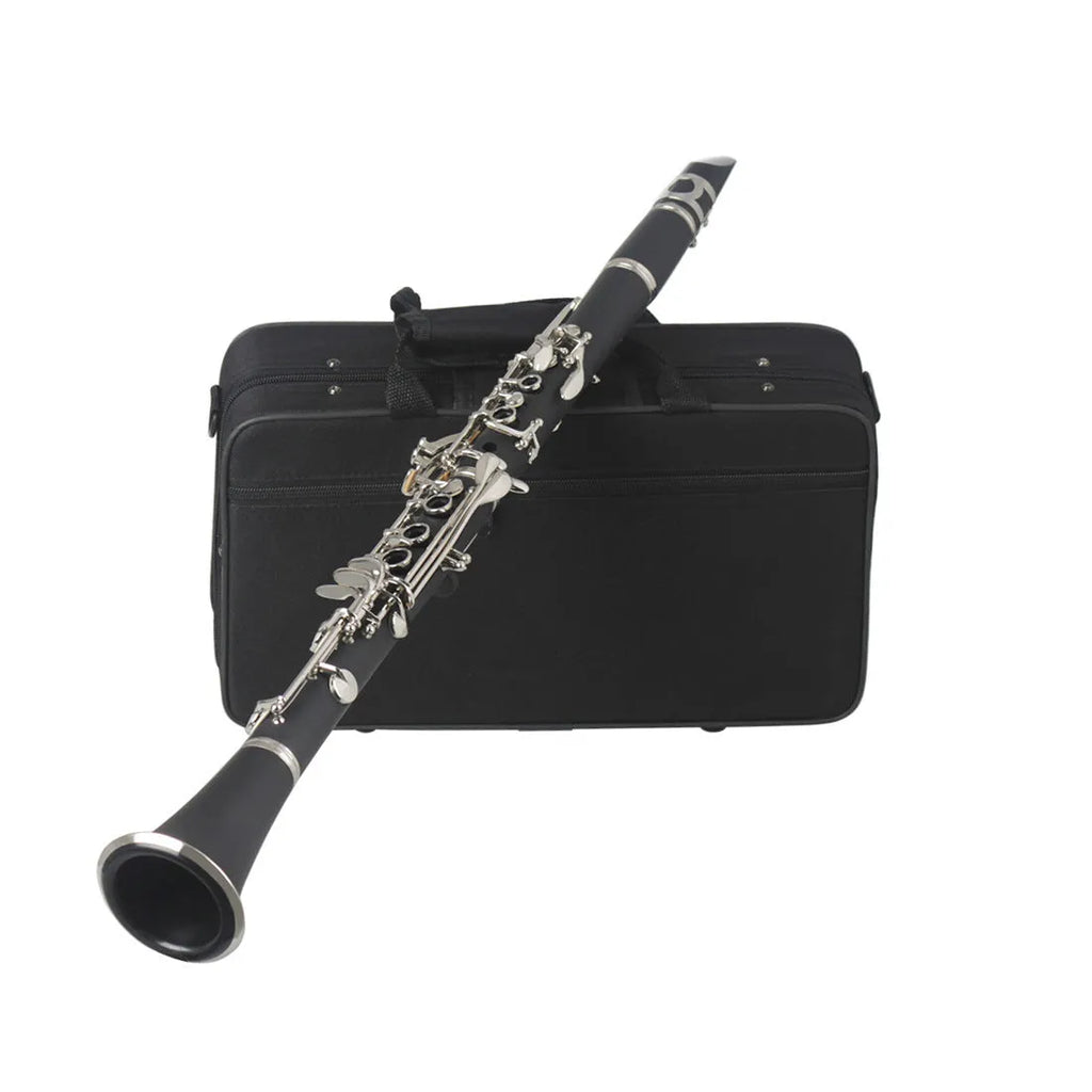 Black Bakelite clarinet with nickel-plated keys and a carrying bag for beginner students.