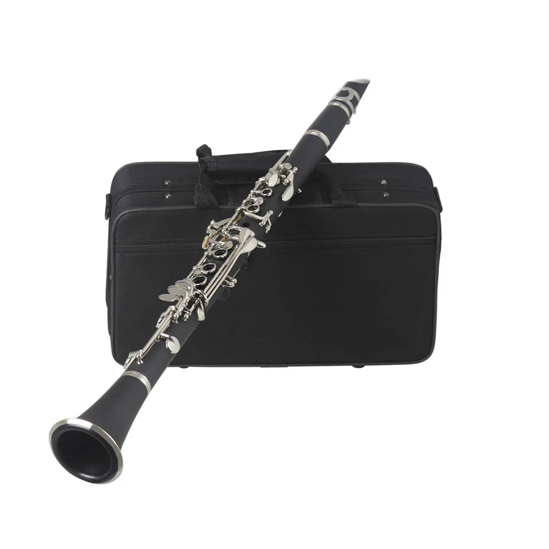 Black Bakelite clarinet with nickel-plated keys and a carrying bag for beginner students.