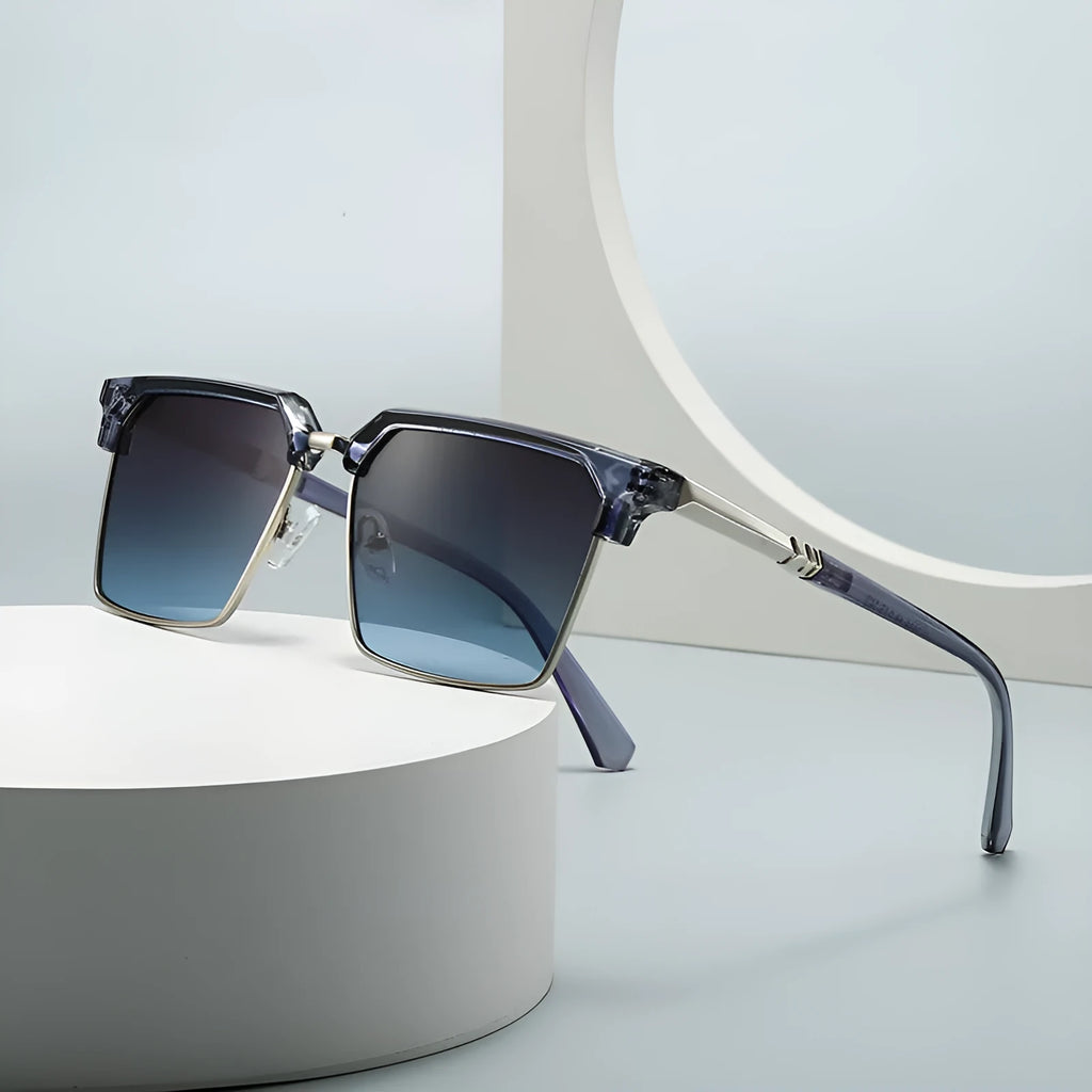 Men's square sunglasses with plastic frames shown in six colour options including black, grey, tea, green and blue variations