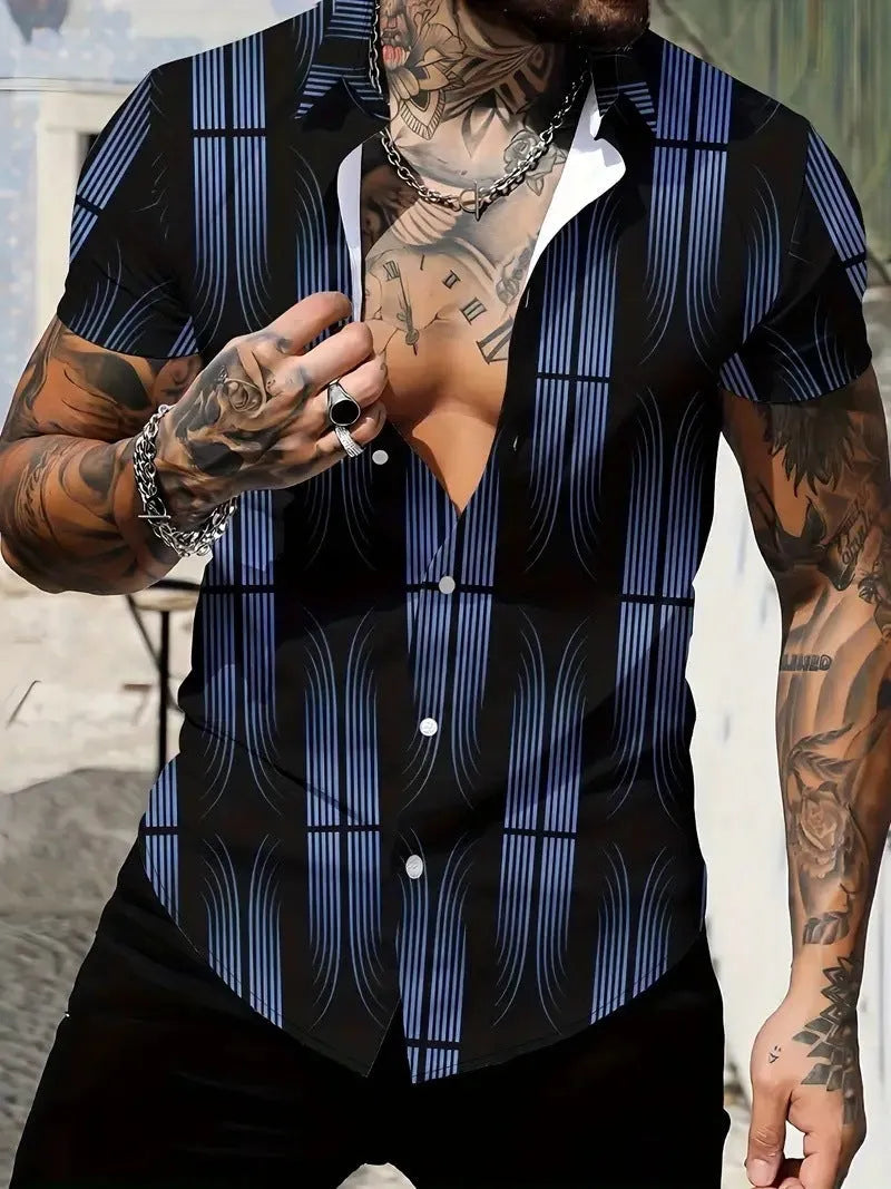 Men's slim fit geometric line print lapel short sleeve shirt in a colour from the available range.