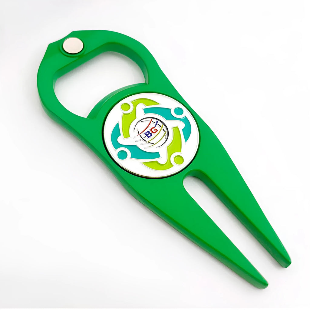Golf ball fork bottle opener tool in zinc alloy with ball yoke and coin accessories