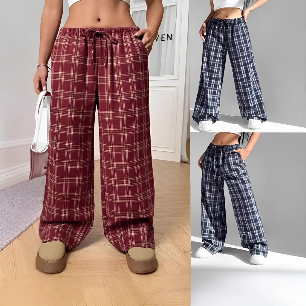 Women's blue plaid casual trousers with elasticated drawstring waist and side pockets