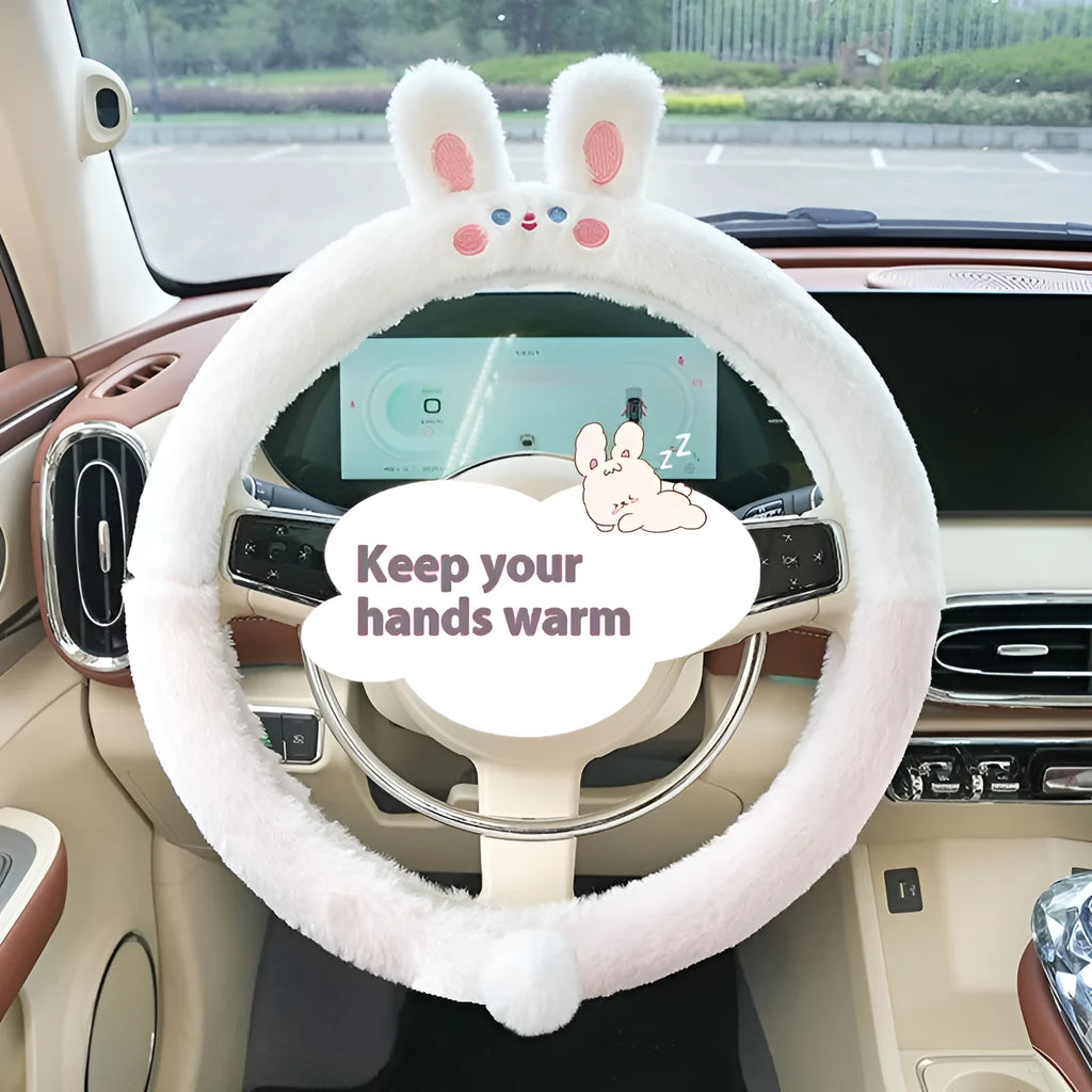 Plush winter steering wheel cover with embroidered animal design fits 38cm diameter
