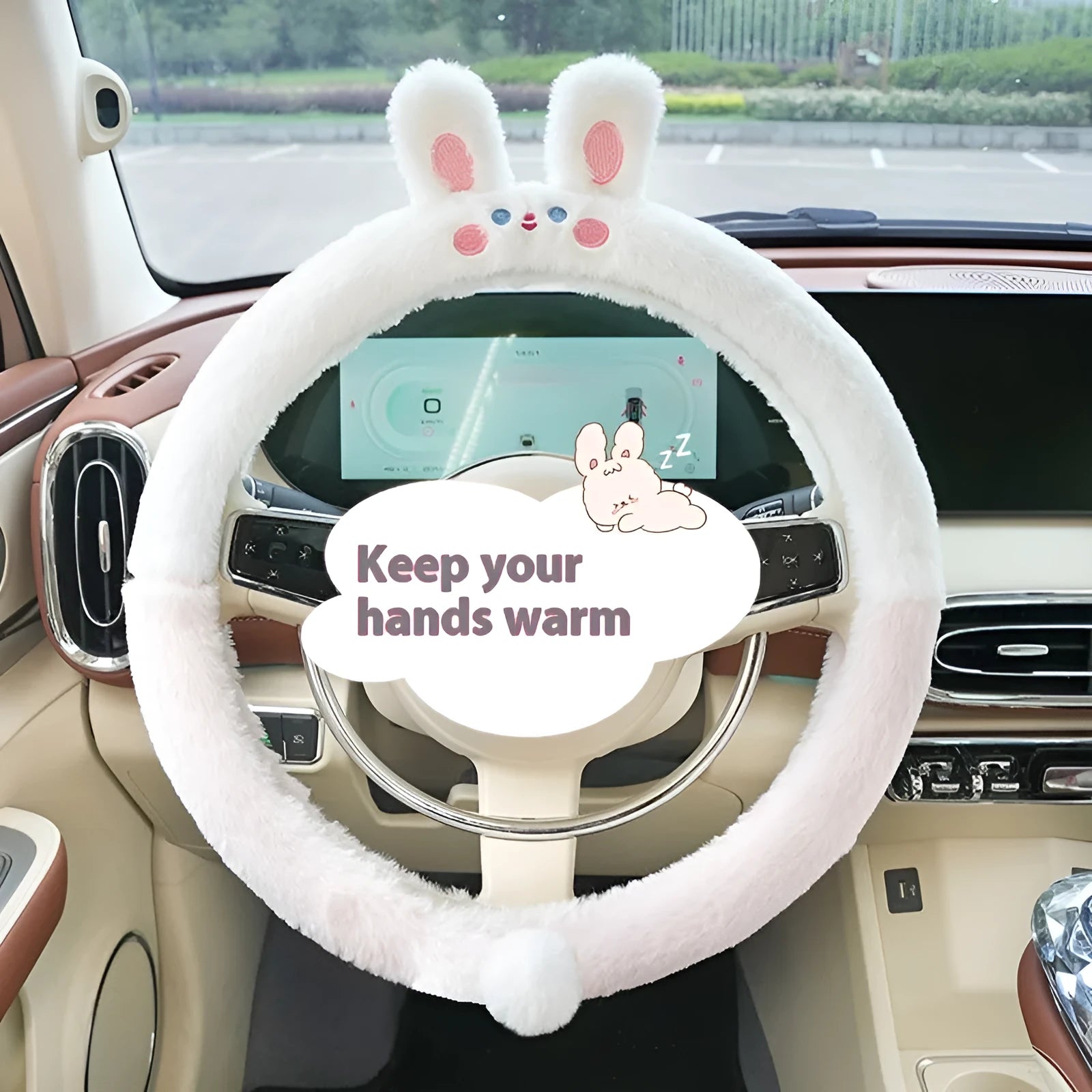 Plush winter steering wheel cover with embroidered animal design fits 38cm diameter