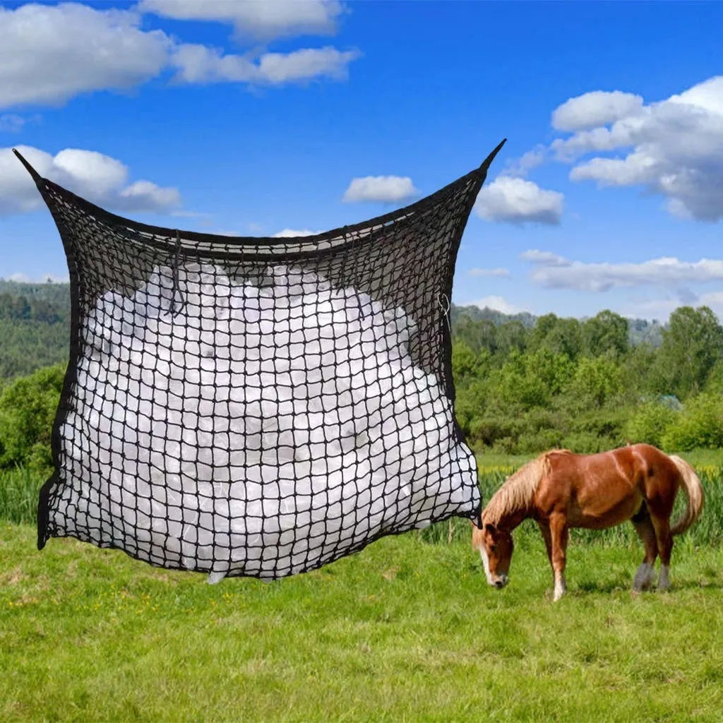 Woven grid horse hanging feeding bag in black colour with PE rope construction