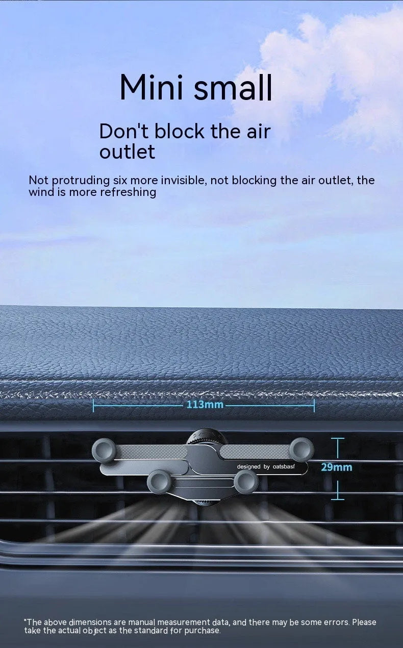 Aluminium alloy car phone mount bracket showing air vent and paste mounting versions in three colours