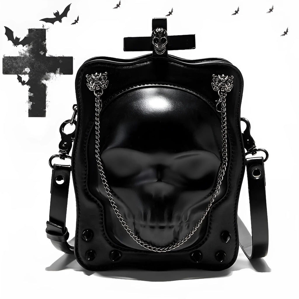 Black mini square crossbody bag with 3D embossed skull design and chain strap