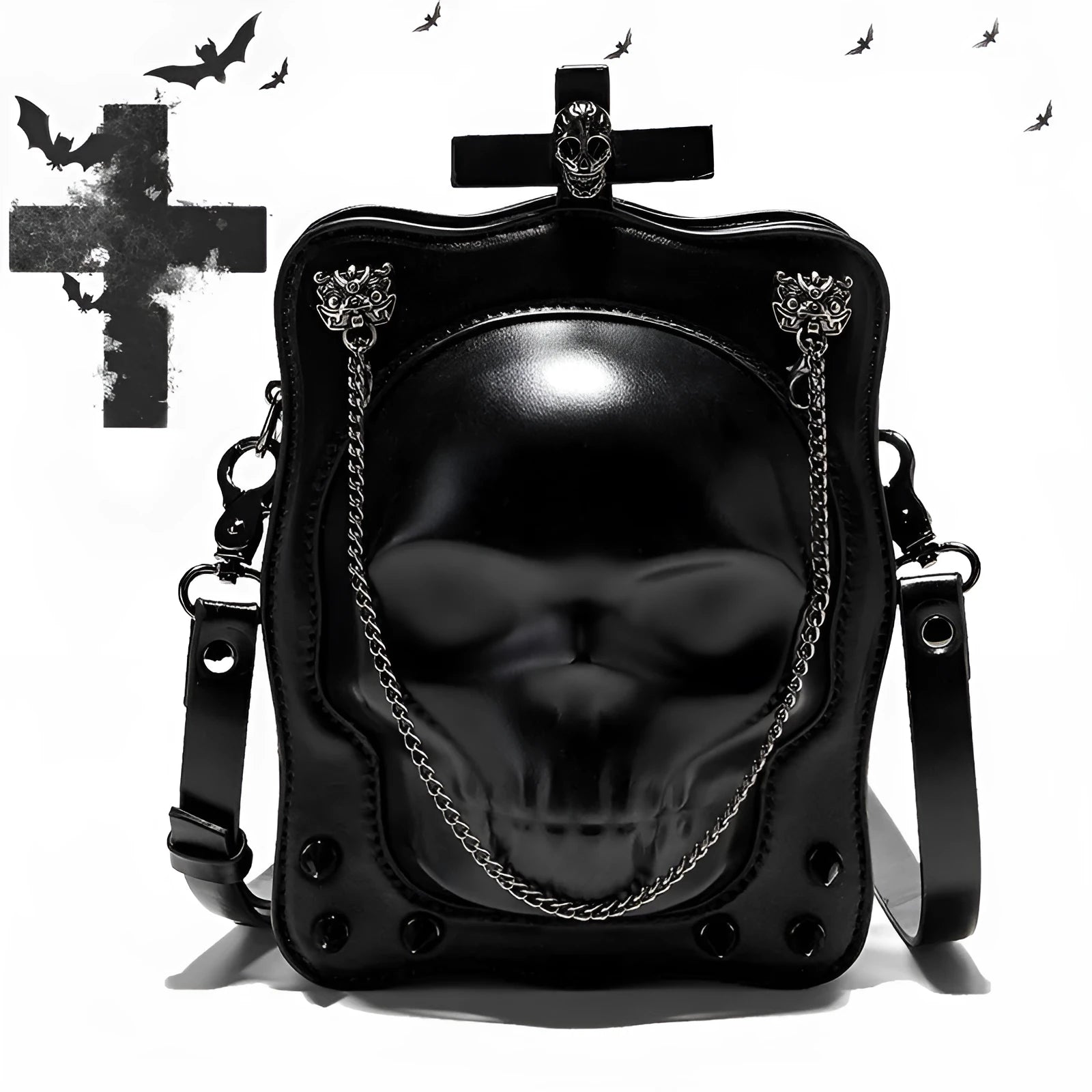Black mini square crossbody bag with 3D embossed skull design and chain strap