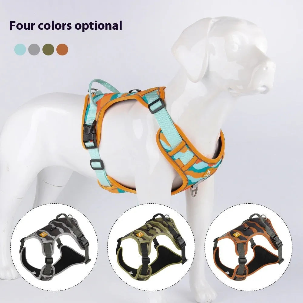 Reflective dog chest and back harness with detachable lead in Oxford cloth, available in four colours