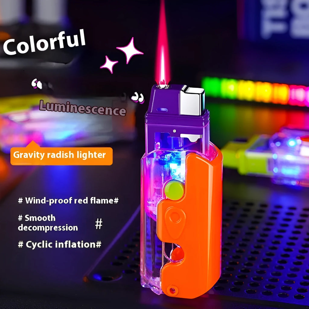 Colourful luminous radish design plastic lighter in orange, purple, or green on a plain background.