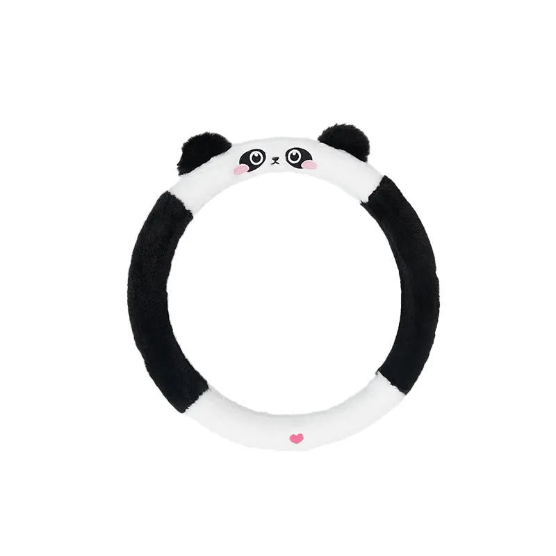 Plush winter steering wheel cover with embroidered animal design fits 38cm diameter