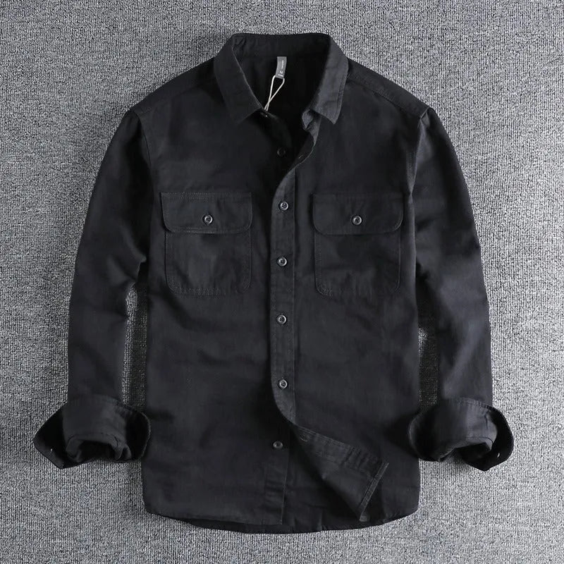 Men's loose fit long sleeve cardigan shirt in light grey, black, khaki or green.