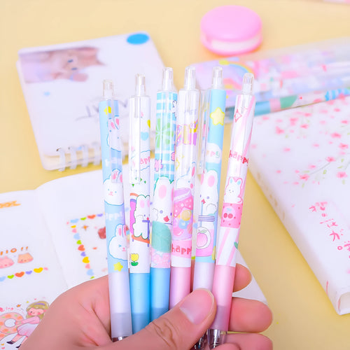 Six cartoon bunny design black ink pens with 0.5mm tips arranged together
