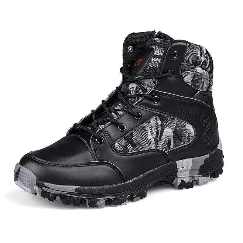 Men's black high-top hiking shoes with artificial PU upper and metal details for outdoor travel.