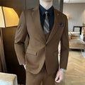 Men's slim fit business suit in a dark green viscose-blend fabric on a hanger.