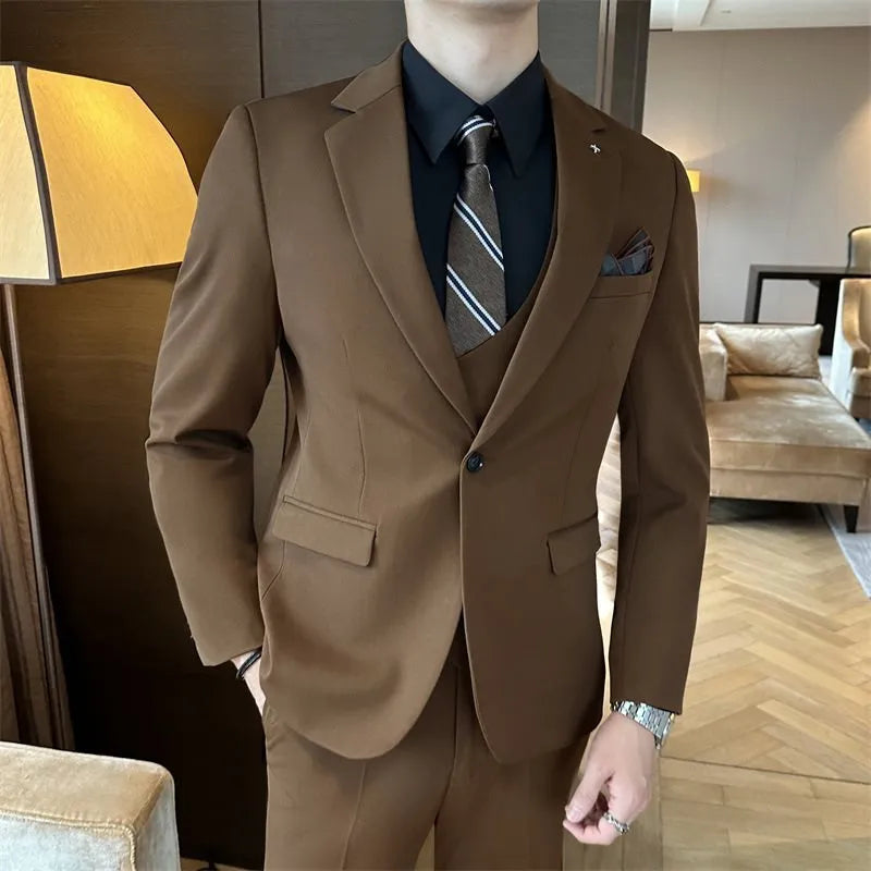Men's slim fit business suit in a dark green viscose-blend fabric on a hanger.