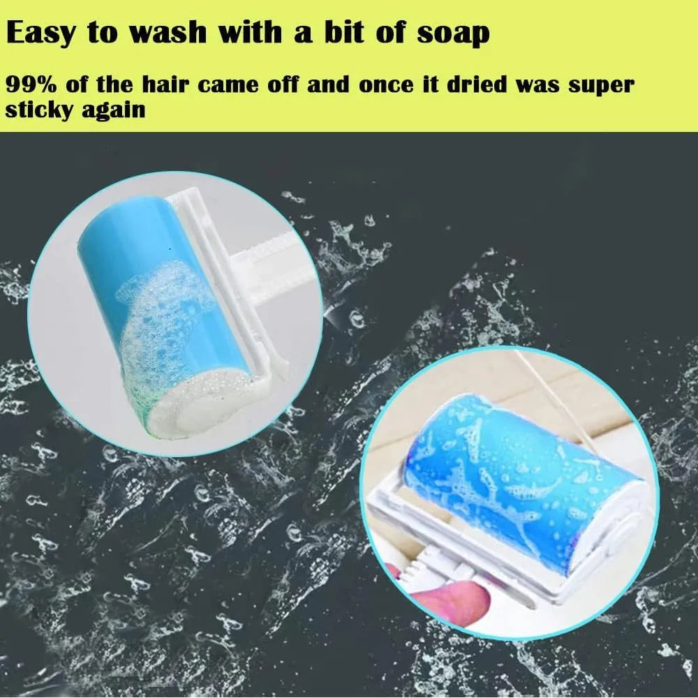 Blue washable reusable lint roller with cover for pet hair removal on fabric.