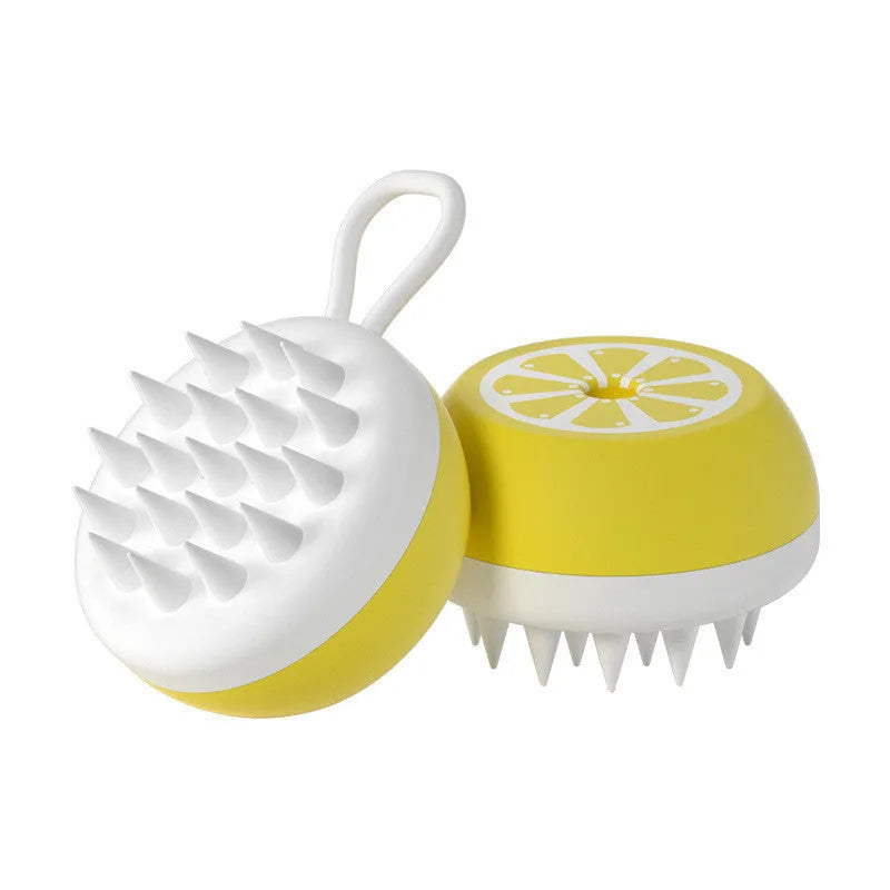 Pet grooming brush with 2-in-1 design showing massage head and comb teeth in soft silicone construction