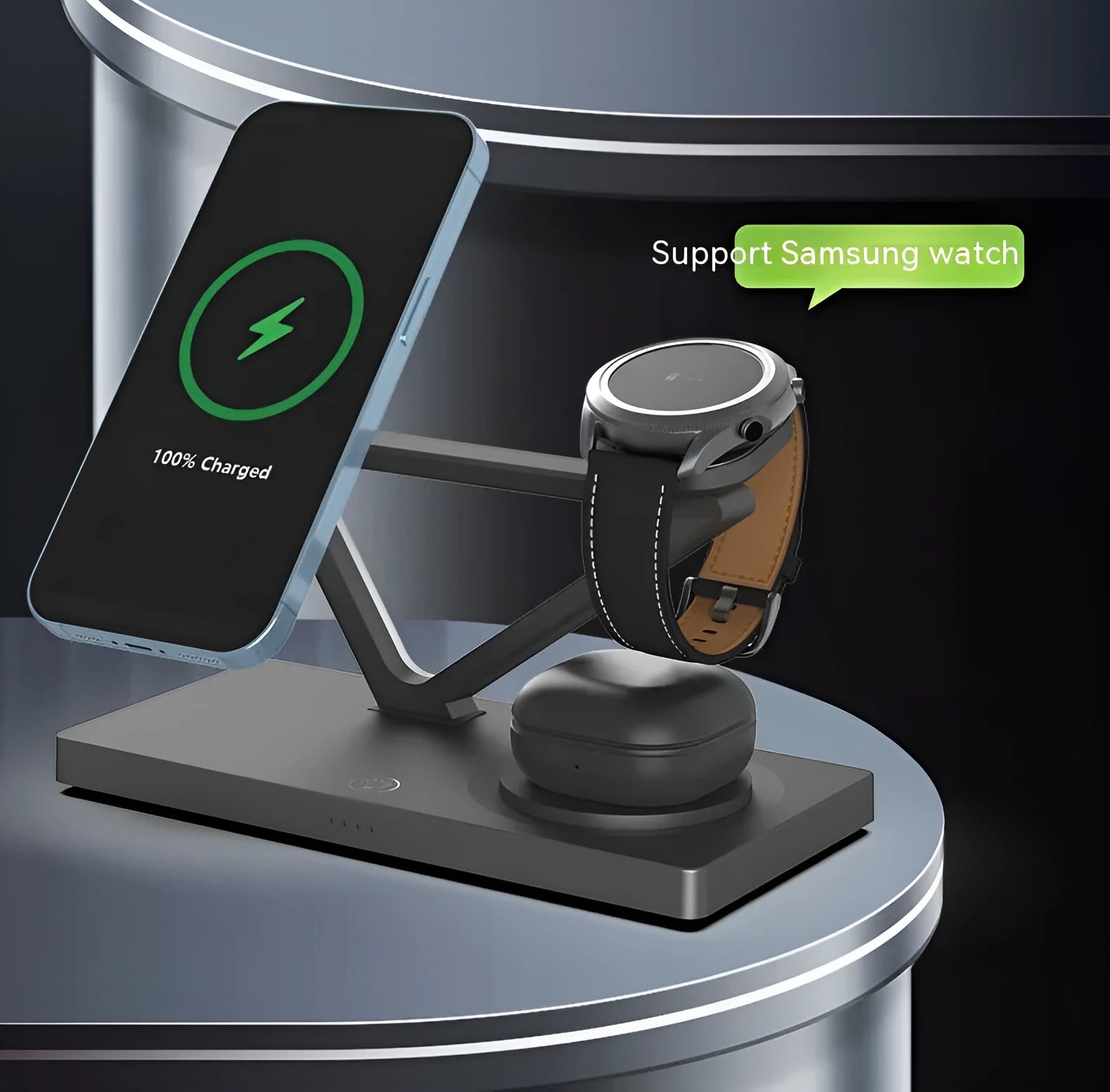 Five-in-one wireless charging night lamp in black showing magnetic phone bracket, circular charging base, and dedicated watch charging position