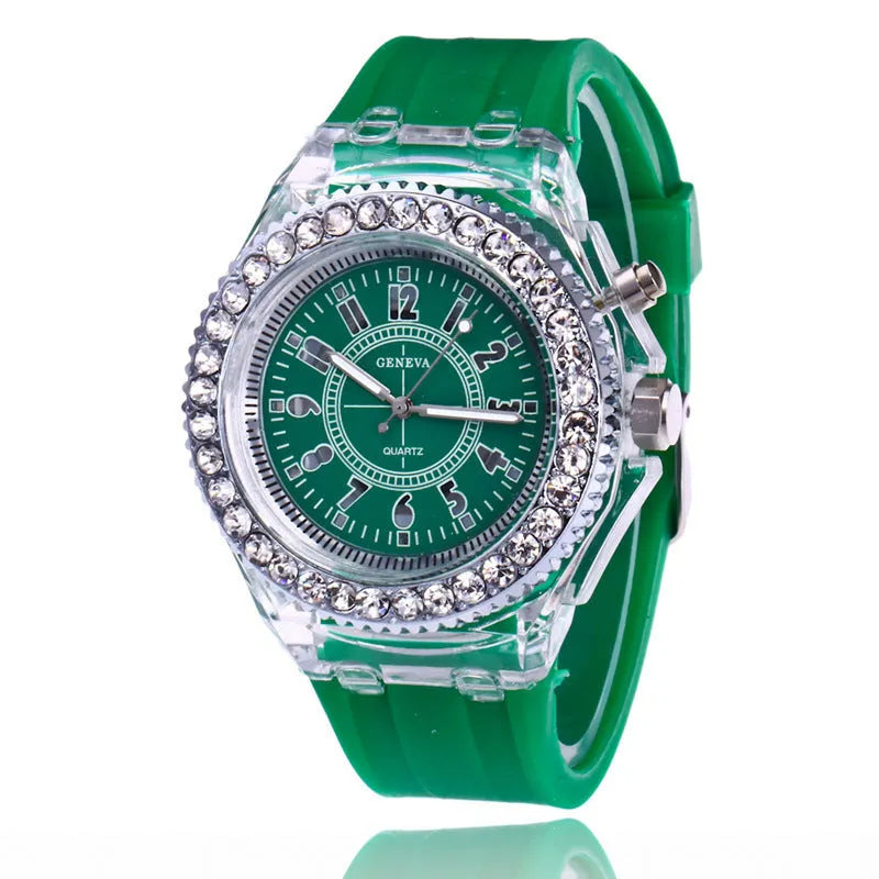Women's LED luminous quartz watch with 43mm round dial and silicone strap