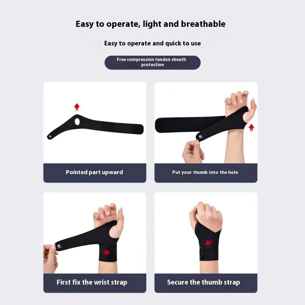 Adjustable black athletic wristguard shown fastened on a wrist.