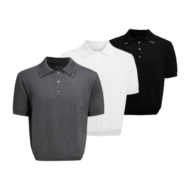 Men's black knit shirt with double collar design and short sleeves