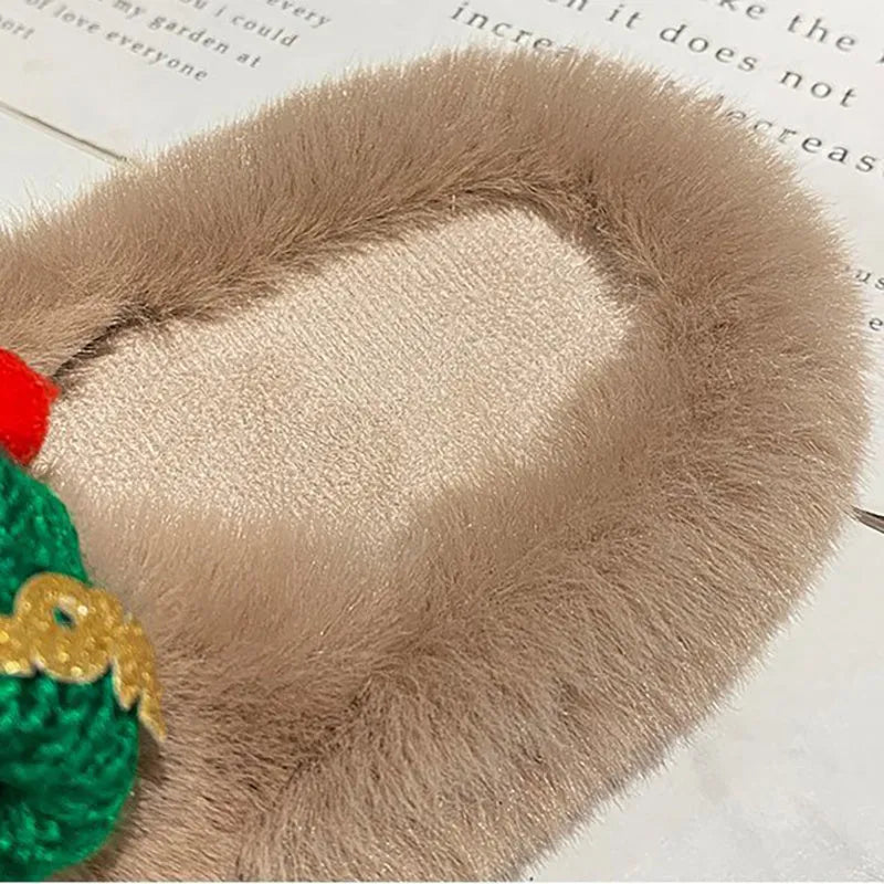 Women's Christmas hat decoration super hairy faux plush slippers in black, khaki, or white.