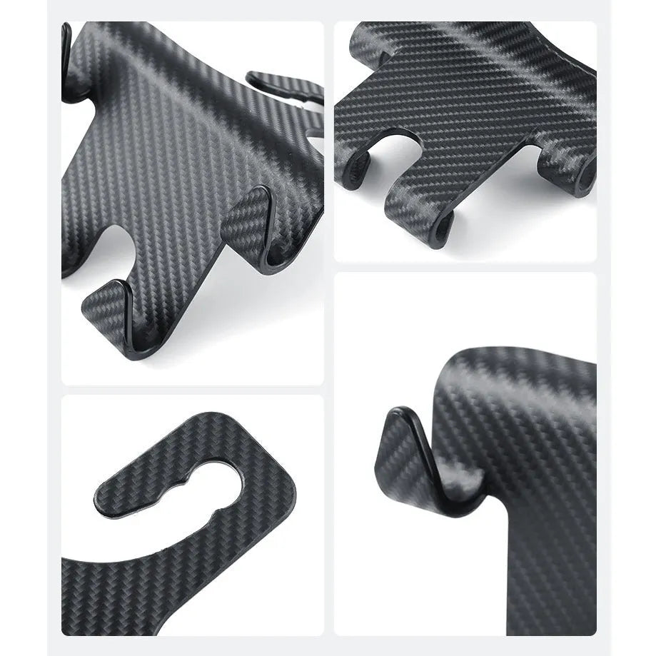 Black carbon fibre style car hook with integrated phone bracket measuring 11.5 by 8.1 by 4.7 centimetres