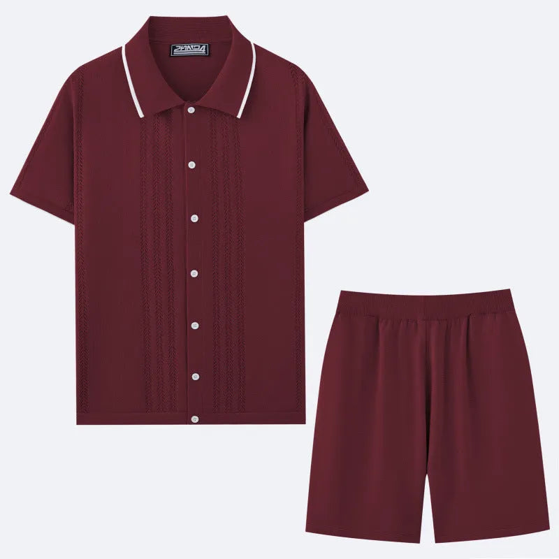 Man wearing a khaki short-sleeve knit top and matching shorts from a business casual two-piece set