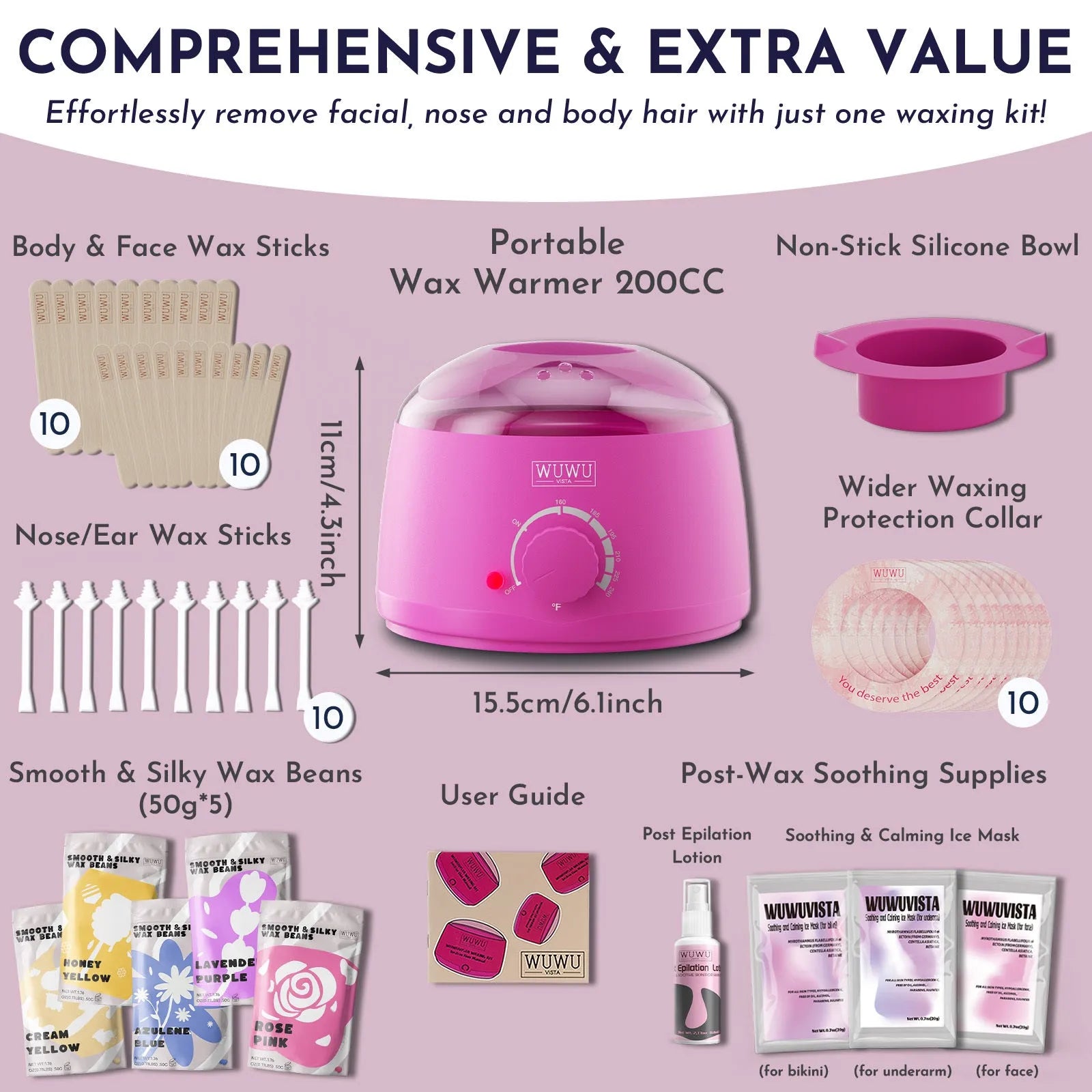 Professional waxing kit with five wax variants, warmer, tools and aftercare products