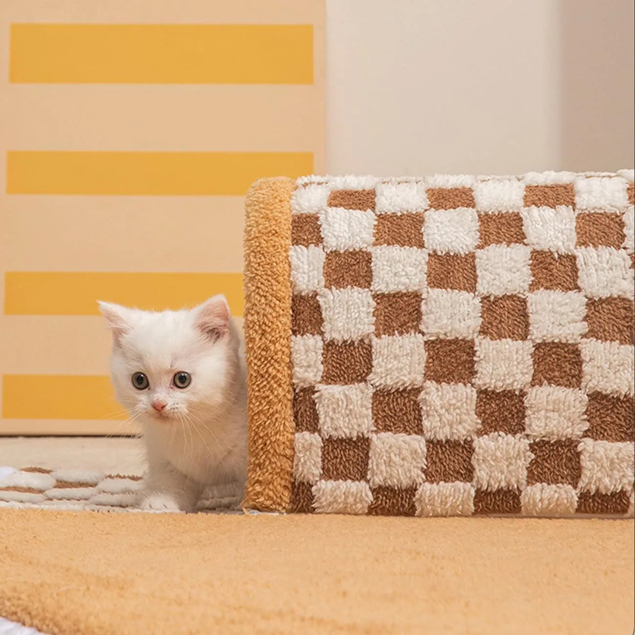 XL fan-shaped plush pet bed tunnel with a coffee plaid pattern and anti-slip base.