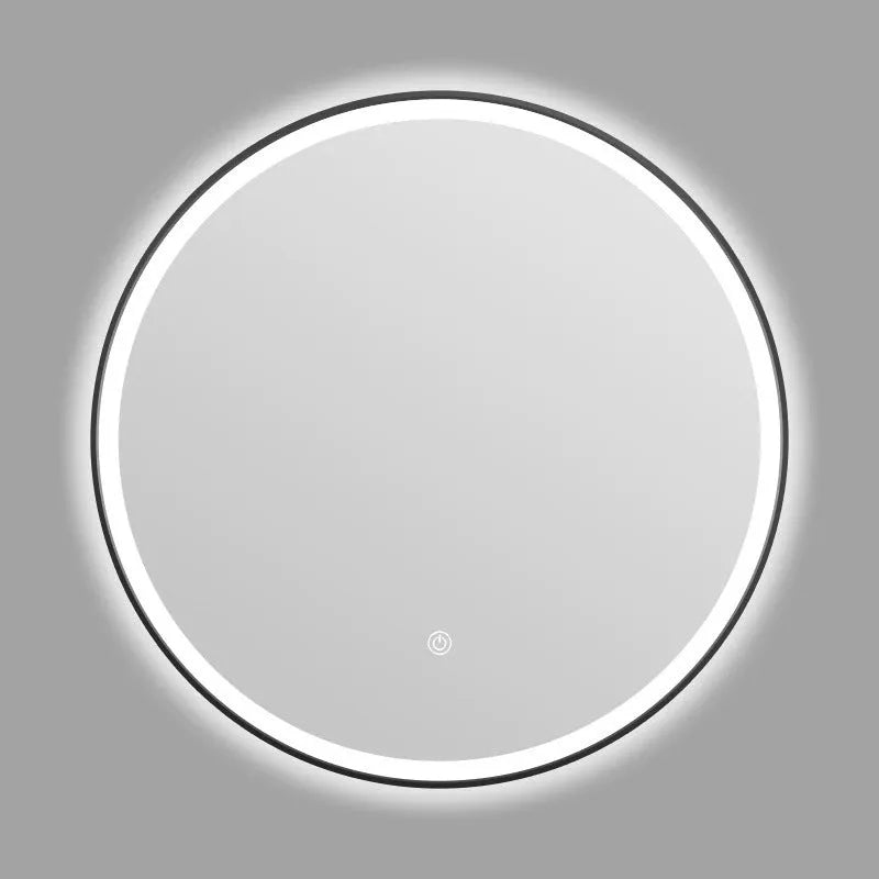 Round black aluminium frame LED smart bathroom mirror mounted on wall with illuminated surface.
