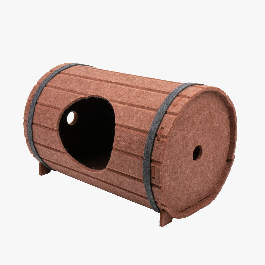 Brown polyester felt wine barrel-shaped pet bed for cats and small dogs