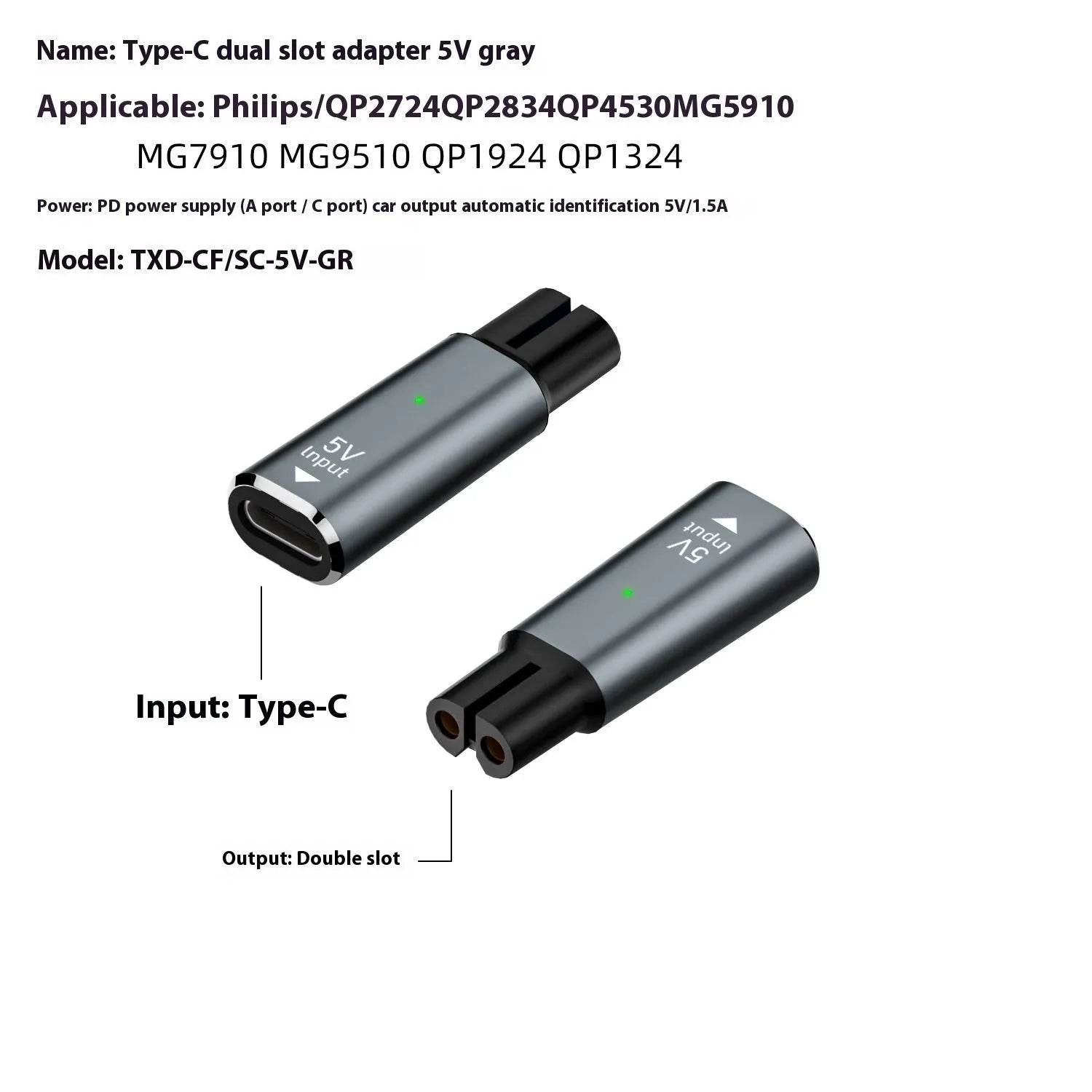 Black or grey USB-C charging adapter for electric shavers with 4.3V 8W output