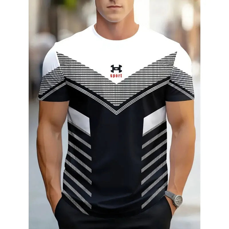 Man wearing a loose-fit short-sleeved T-shirt with a digital 3D printed stripe pattern in a casual setting.