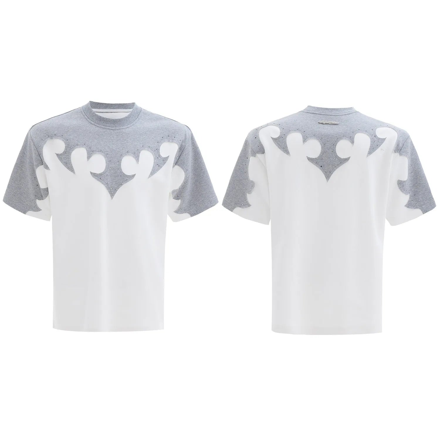 Men's red cotton t-shirt with 3D embroidered flower pattern and rhinestone details, loose drop-shoulder fit.