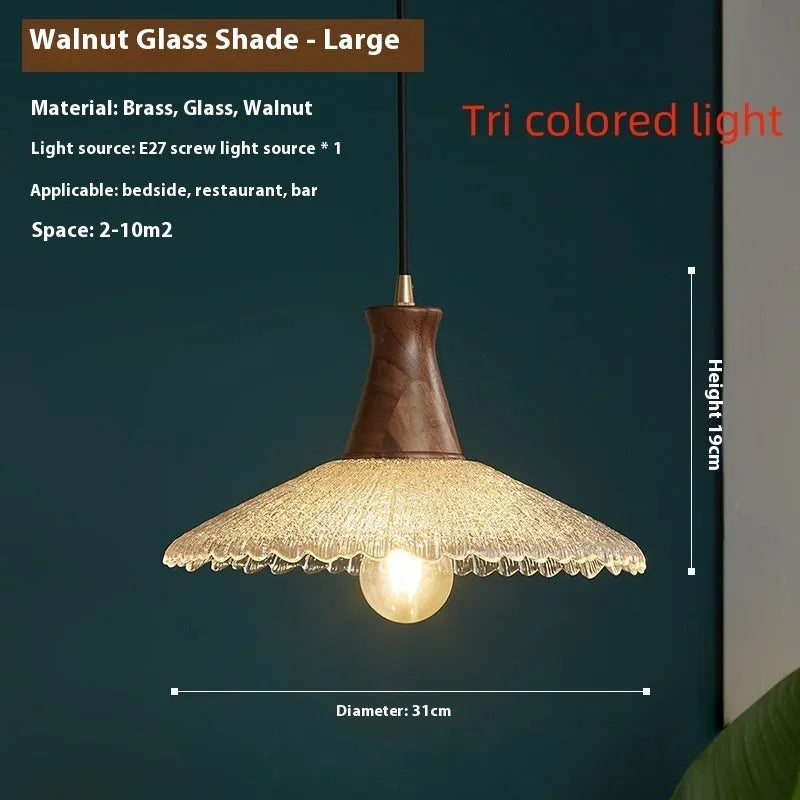 Retro brass and glass ceiling chandelier with wooden body for restaurant lighting