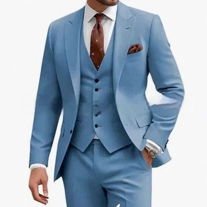 Men's slim fit three-piece suit in chemical fibre blend fabric available in multiple colours