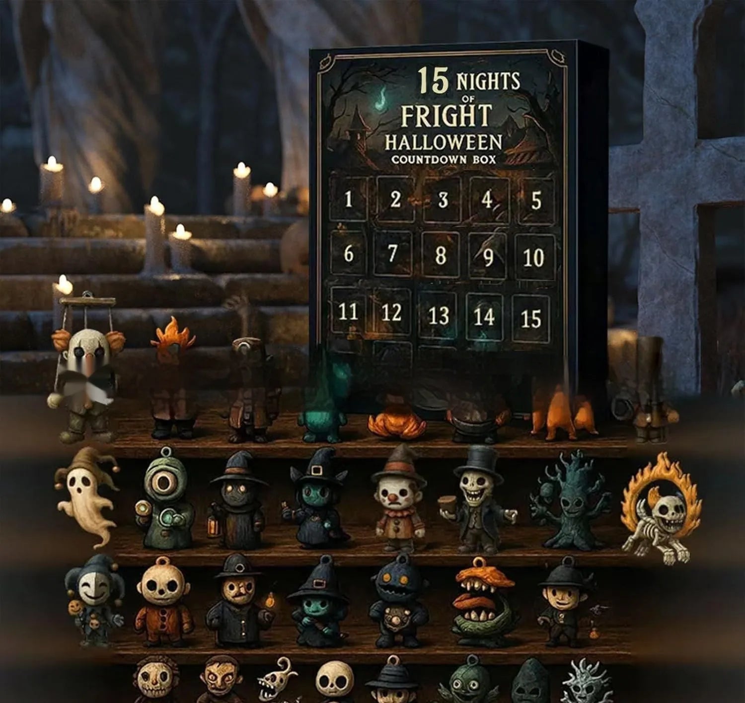 Halloween advent calendar display with numbered blind boxes containing horror-themed resin dolls