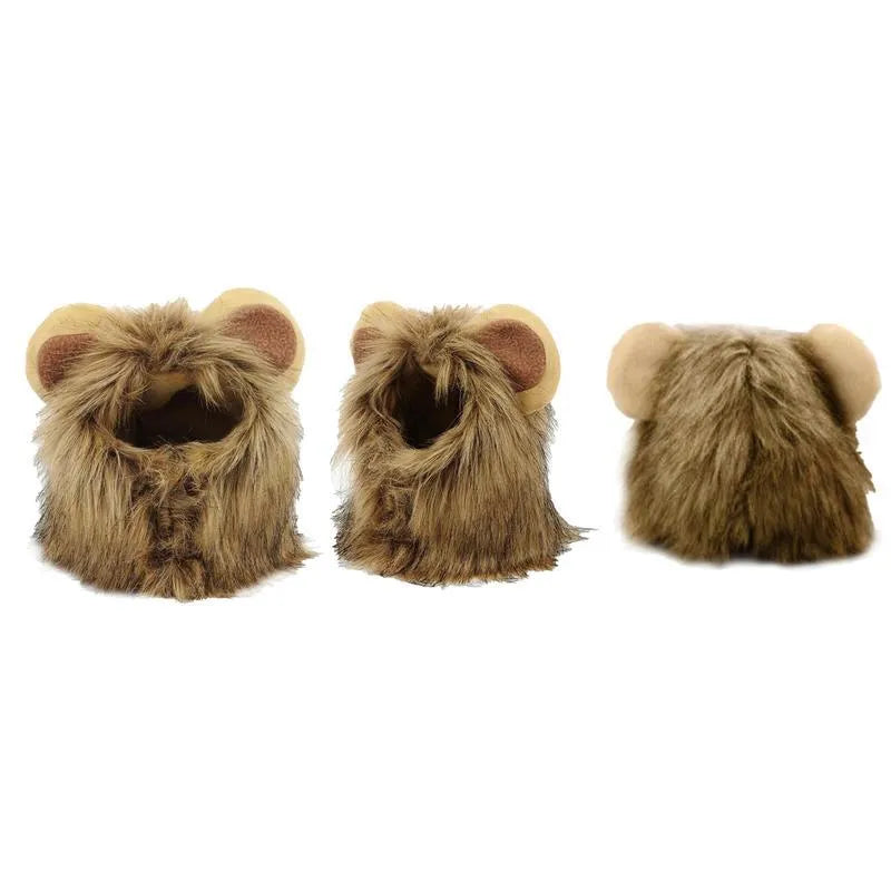 Lion mane wig costume with artificial hair on a cat, showing adjustable elastic band