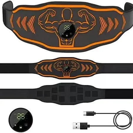 Smart EMS massage belt with rechargeable host unit and arm electrodes in orange and blue colour options