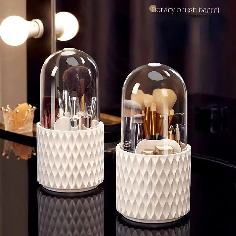 White rotating acrylic makeup brush storage box with transparent lid and split compartments
